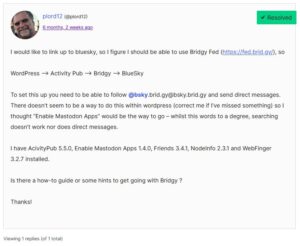 Frage eines Users nach der Möglichkeit, mit seinem Blog anderen im Fediverse zu folgen.